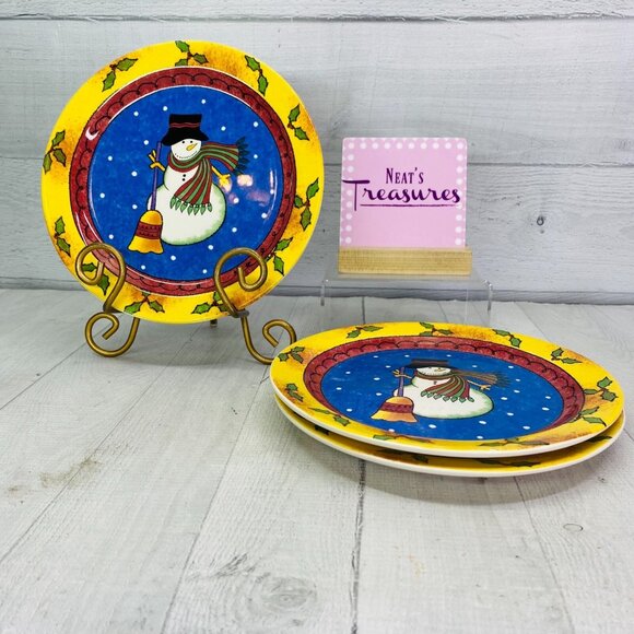 Sango Sue Zipkin SWEET SHOPPE CHRISTMAS Yellow Snowman Salad Lunch Plates Set 3 - Picture 1 of 8